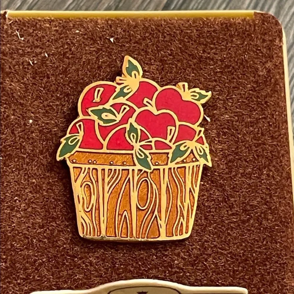 Vintage Hallmark Cards Inc. Enamel - Cloisonné Apple-in-a-basket Pin - Brooch